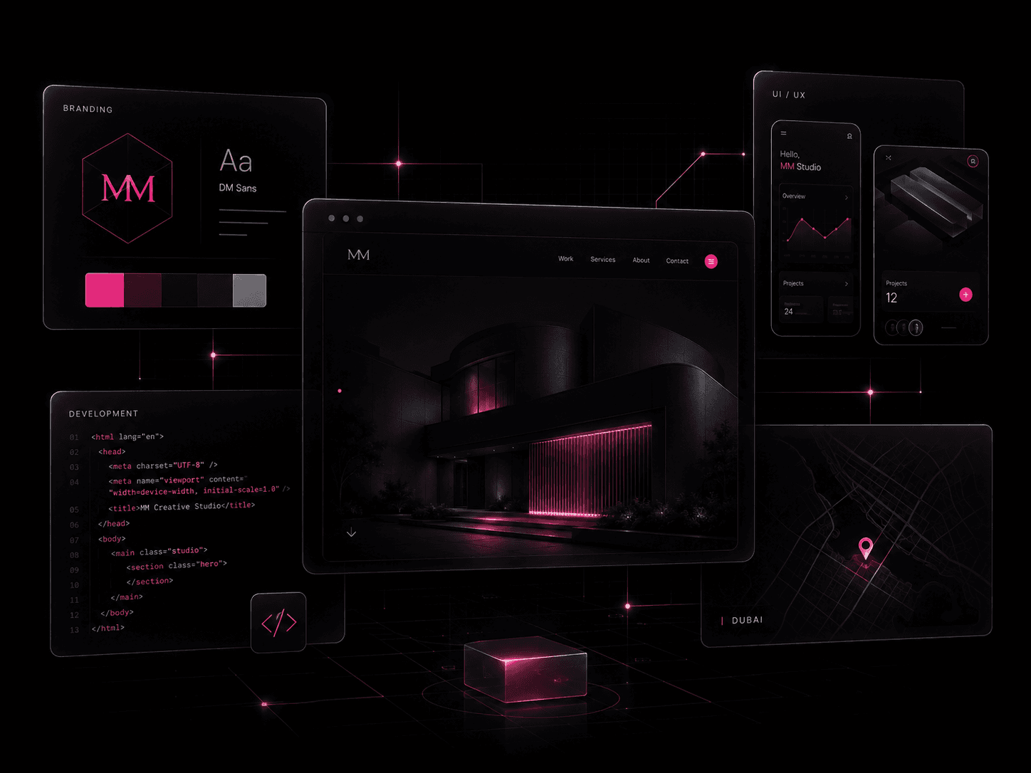 MM Creative Studio — floating studio workspace visual for branding, design, and development